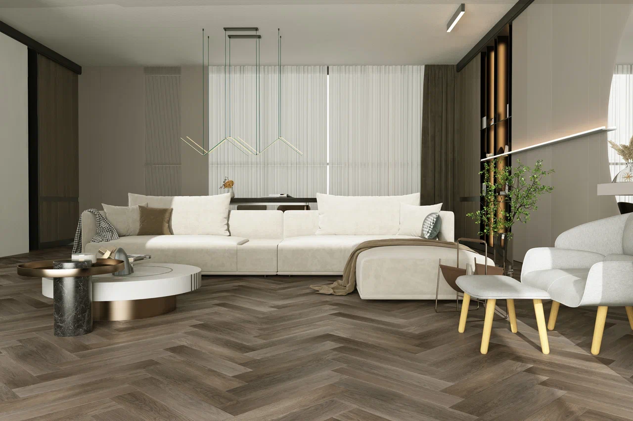 Кварцвиниловый SPC ламинат Home Expert Parquet Дуб Шоколадный 33-3011 венгерская елка 615×123×3,5 фото в интерьере